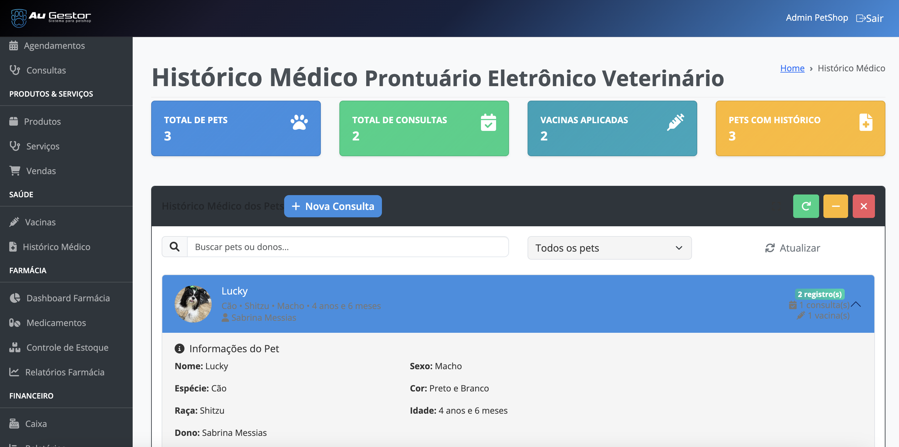 Prontuário eletrônico veterinário do Au Gestor - Sistema completo de histórico médico para pets